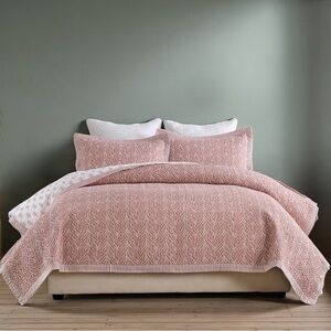 NEW West Elm Blush Botanical Pattern Cotton Queen King Bedding Quilt & Sham Set